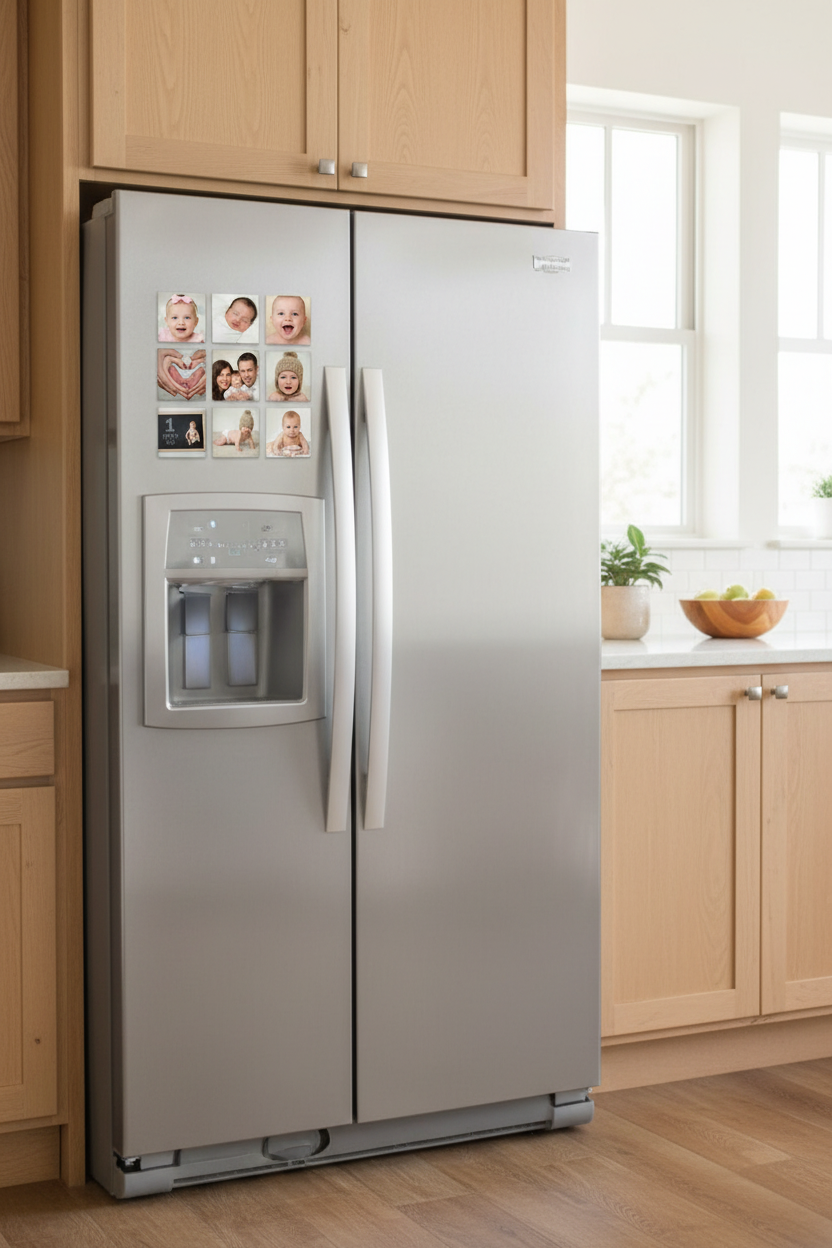 9 baby magnets on a fridge door