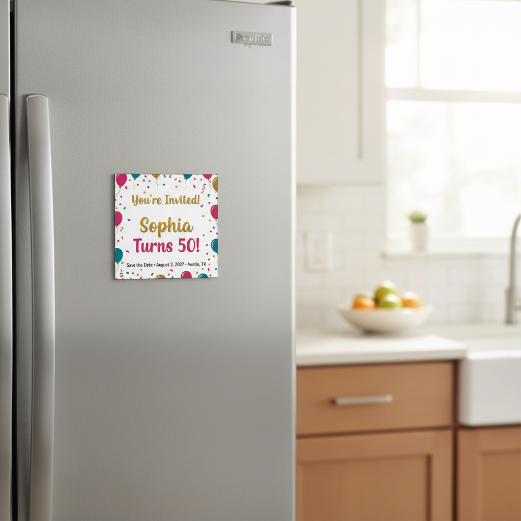 Birthday Save the Date magnet on fridge