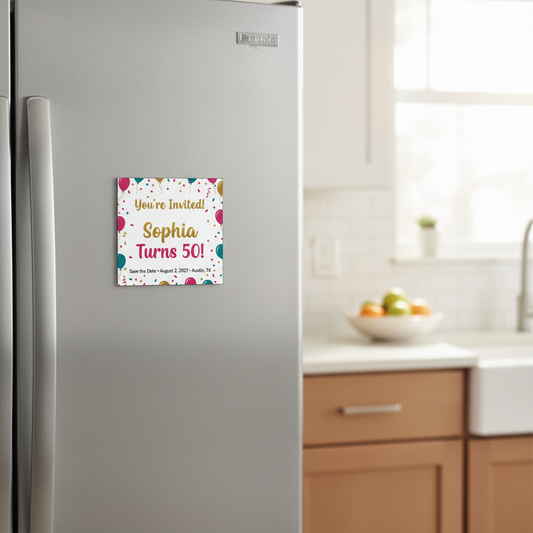 Birthday Save the Date magnet on fridge