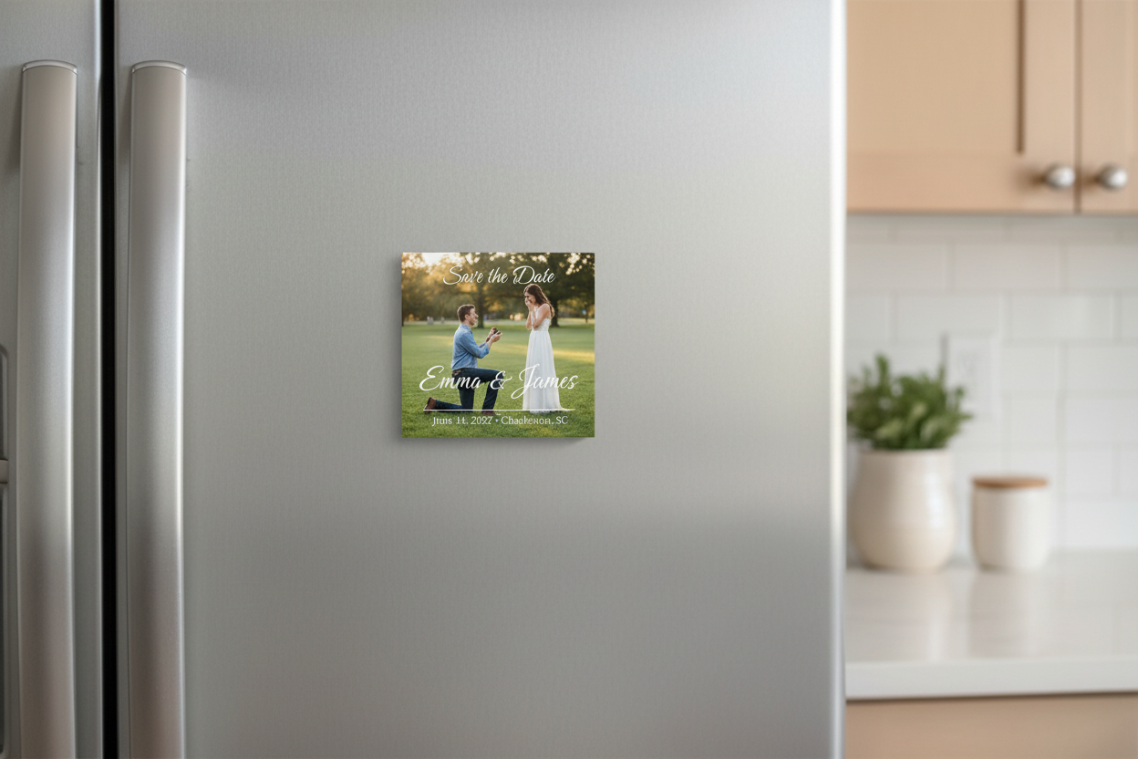 Engagement Save the Date magnet on fridge
