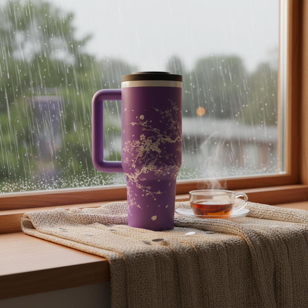 Purple cherry blossom tumbler on a cozy window ledge with soft rain outside