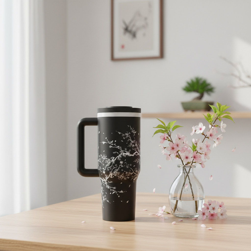 Black cherry blossom tumbler on a wooden table next to fresh cherry blossoms