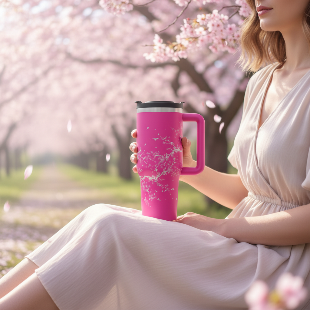 Pink cherry blossom tumbler held by a woman in a blooming cherry blossom garden