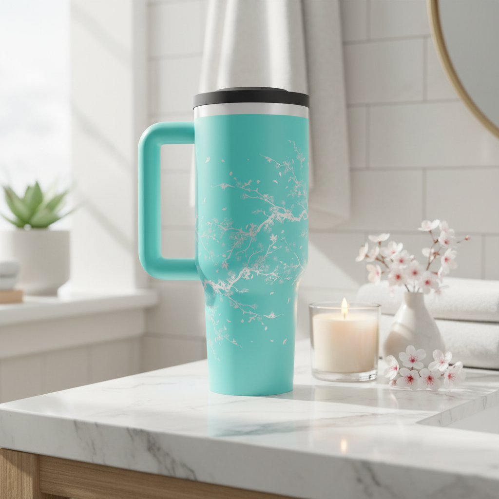Teal cherry blossom tumbler on a white marble vanity next to a candle and flowers