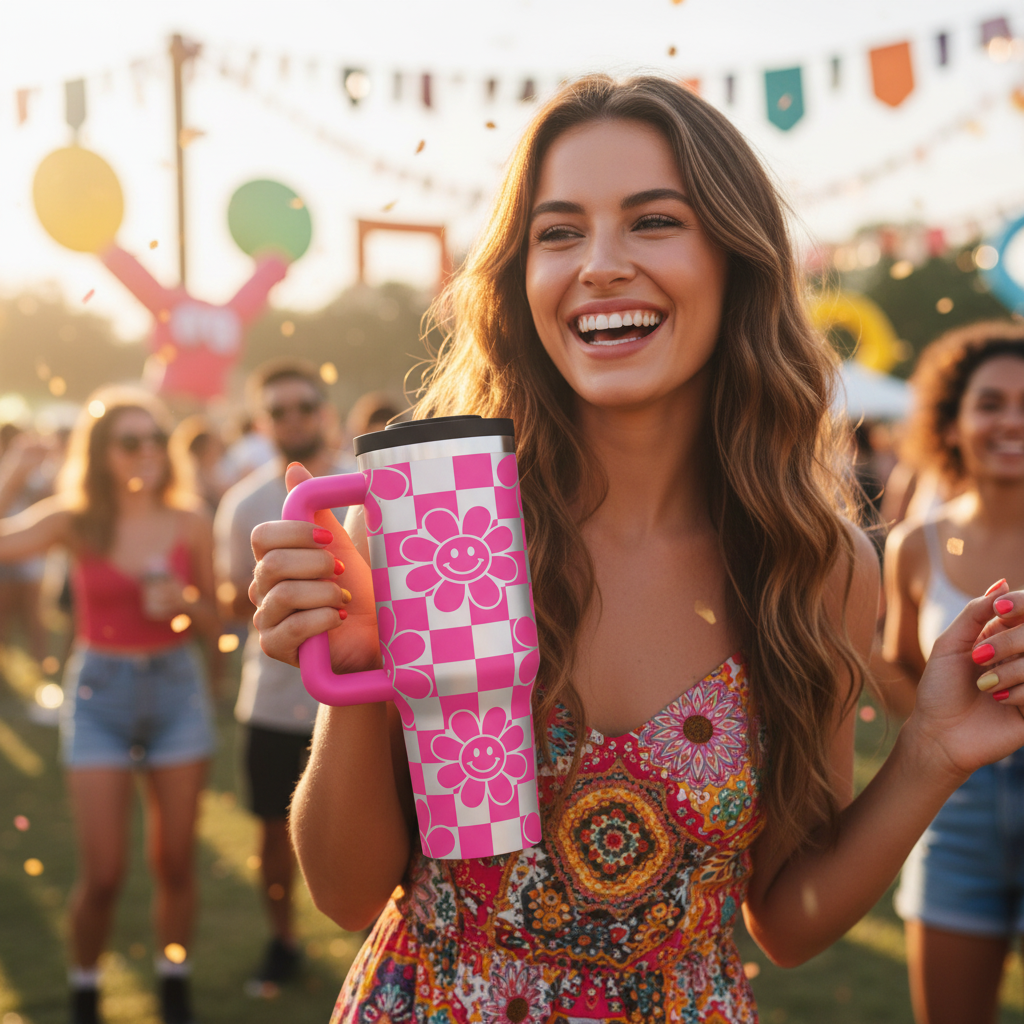 Pink Smiley Flower Tumbler Festival
