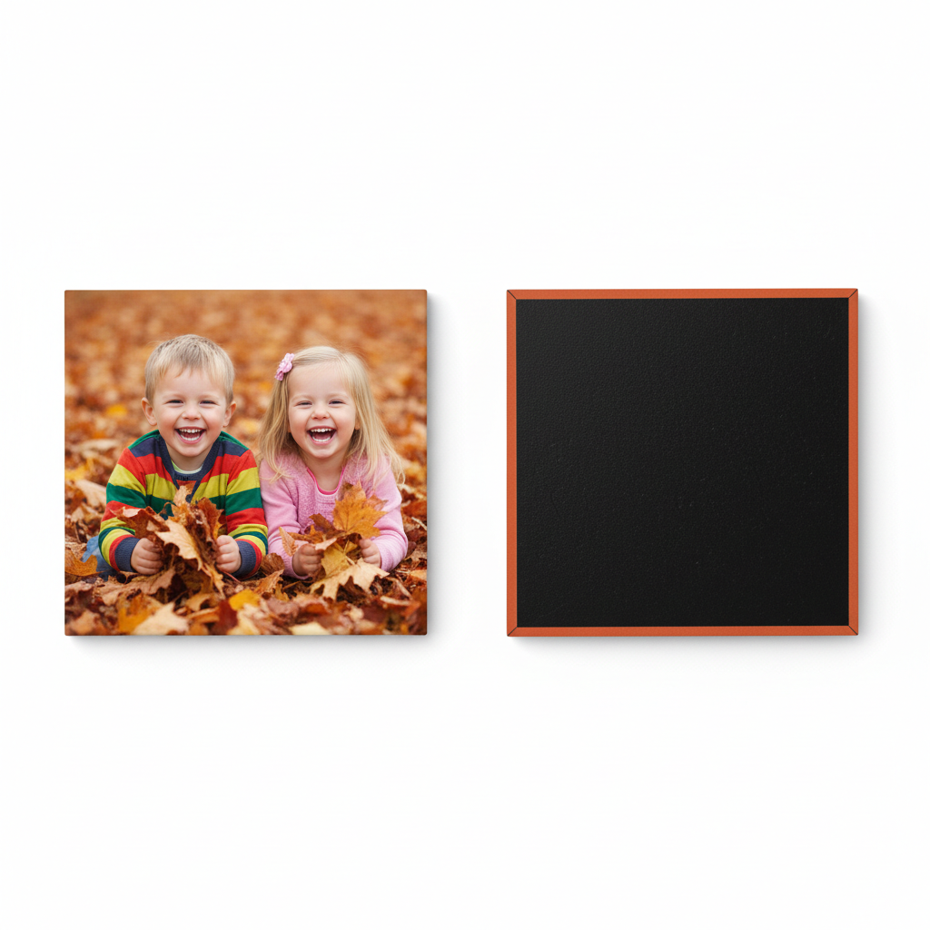 Siblings in autumn leaves magnet - wrap-around back