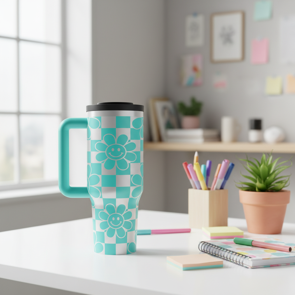 Teal Smiley Flower Tumbler Desk